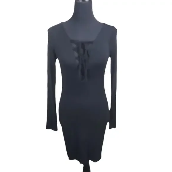 Lulu's Dress Size Large Lace Up Front Bodycon Long Sleeve Black Mini Dress - Picture 1 of 8